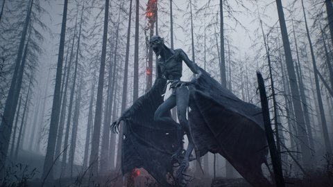3d A nightmarish vampire flies over scorched earth in the middle of a dark, mystical forest. Concept of a fairy tale forest. The animation is perfect for spooky, fantastical and fairytale backgrounds.