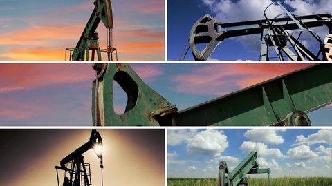 Extraction of Petroleum - Multi Screen Video Montage. Oil and Gas Industry. Oilfield Pump Jack Pumping Oil. Oil And Gas Exploration And Production. 