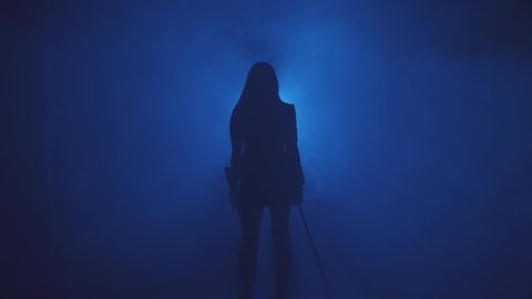 Dark silhouette fantasy woman warrior assassin holding two katana waving cuts air with weapon swords. Black background blue neon light full smoke. Fairy goddess warlife elf girl armed lady princess.