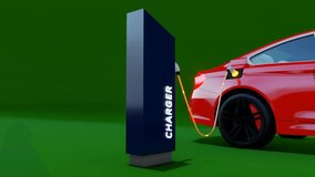 4K Ultra Hd. Electric car charging. Electric vehicle charging port plugging in car, 3D Animation. 