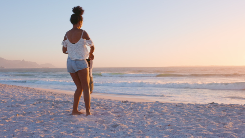 Playful young mother with laughing daughter fooling around at tropical beach during sunset. Young mother having fun while swinging her little black girl at sunset. Mother and daughter playing together Royalty-Free Stock Footage #1088427659