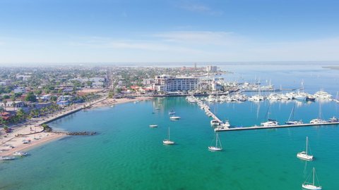 La Paz, Mexico: Aerial view of capital city of Baja California Sur, clear turquoise waters of Gulf of California, ships and boats in Marina La Paz - landscape panorama of North America from above