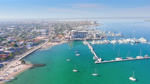 La Paz, Mexico: Aerial view of capital city of Baja California Sur, clear turquoise waters of Gulf of California, ships and boats in Marina La Paz - landscape panorama of North America from above