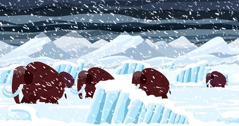 Mammoths on snow prehistoric landscape more snowflakes version. Glacier is coming. Cartoon character animation with cute background. Snow, ice, wind, cold.