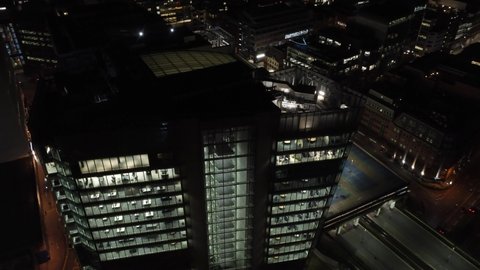 BIRMINGHAM, UK - 2022: Night aerial view of Birmingham UK BT building and Snow Hill station carpark