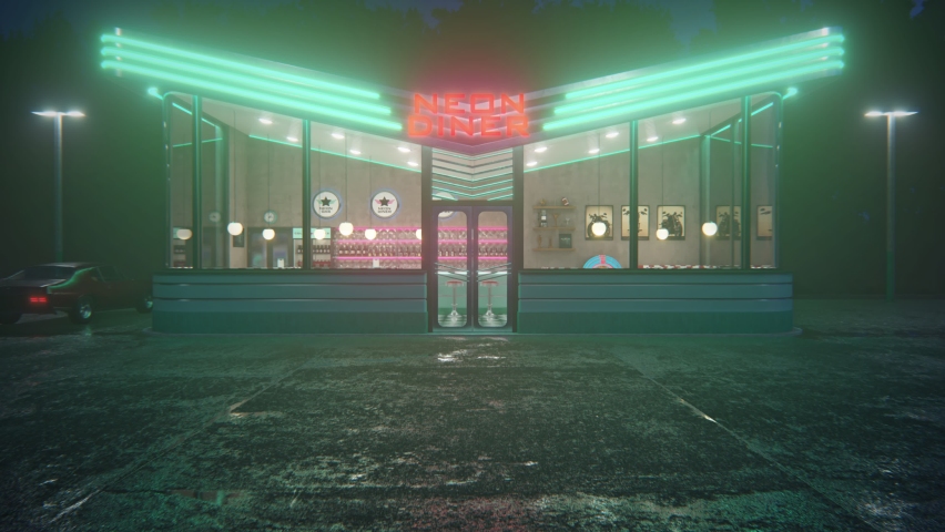 Neon diner and retro car late at night. Fog, rain and colour reflections on asphalt. Retro diner interior. Tile floor, neon illumination, jukebox and retro style bar stools. 3d illustration. - Powered by Shutterstock - Get 15% off with code: PIKWIZARD15