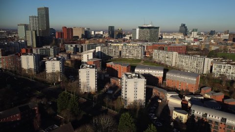 BIRMINGHAM, UK - 2022: Establishing aerial view of Birmingham city centre in the UK