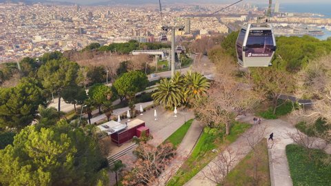 Barcelona, Spain - January 28, 2022; Aerial view from a cable car moving over the city of Barcelona
