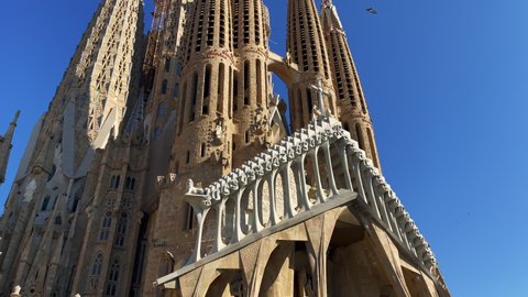 Barcelona, Spain - January 15, 2022; Low angle view of The Basílica de la Sagrada Família 