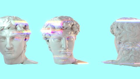Glitch of David head on light background Sculpture David 3D Glitch Animation. 4K. Ultra high definition. 3840x2160. 3D animation of seamless loop