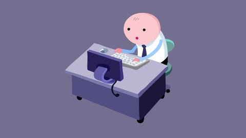 Cartoon office employee in front of monitor – explainer style colour. One worker. No cubicle version. He is working all day with no break. Seamless loop of the futuristic society.  