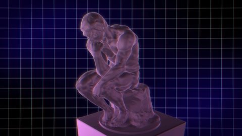 3D Thinking Man Rotating Statue Seamless Loop. Philosopher Sculpture on Futuristic Grid Background. Glitch Effect. NFT Metaverse Concept. 4K