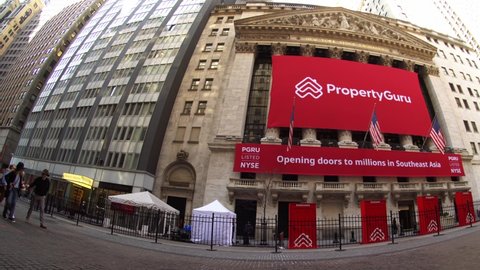 New York NY USA-March 18, 2022 The facade of the New York Stock Exchange is decorated for the listing via a SPAC of Singapore-based PropertyGuru 