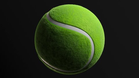 Photorealistic animation of a green tennis ball isolated on a black background slowly spinning around itself. Alpha matte, 3D motion graphics 4K