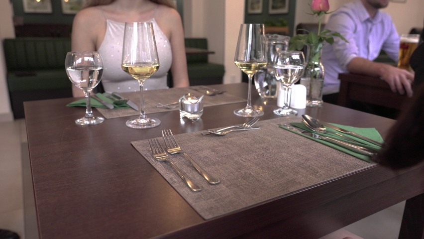 Serving Meals on Plate For Couple of Female Friends, Lunch in Luxury Vegetarian Restaurant, Slow Motion