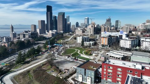 Cinematic 4K aerial drone dolly in shot of First Hill, Yesler Terrace, Atlantic, Cherry Hill, Squire Park, Harborview Medical Center downtown Seattle, Washington