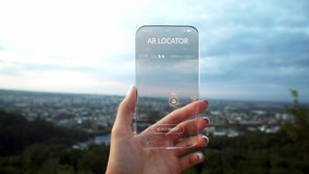 Close up hands woman hold transparent phone screen with AR Locator. Concept of futuristic device, helping search places in unknown city to sleep, eat. Global smart network. Future digital world - Powered by Shutterstock - Get 15% off with code: PIKWIZARD15