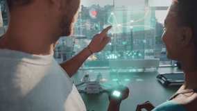 Woman and man in gym look on smart watch with body health indicator projecting hologram with heartbeat status, checking calories burn. Future technology new futuristic concept. - Powered by Shutterstock - Get 15% off with code: PIKWIZARD15