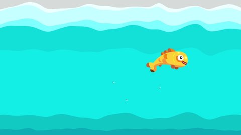 Golden fish jumping in the water cartoon animation. Isolated magic character animal. Seamless loop, wavy background.