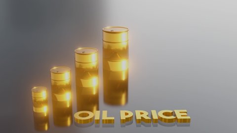 Golden oil barrels revealing and representing high price. Conceptual 3d render animation.