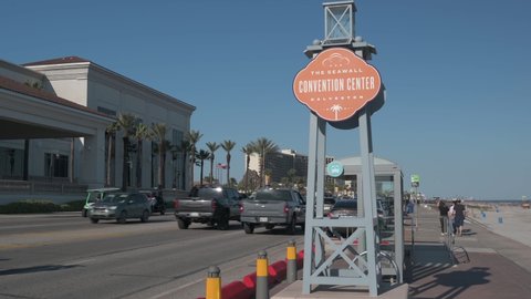 Galveston, TX, US - March 16, 2022: Galveston Convention Center sign on the Seawall in Galveston Texas.