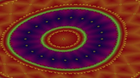 A background illusion composed of jagged circles; spokes and other shapes, colored in red; pink; blue; and green. This animated decorative design is a reusable video.