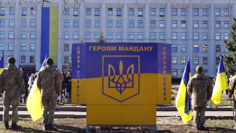 Poltava, Ukraine - 20 Feb 2022 Nebesna Sotnia Monument and requiem ceremony of Maidan and Revolution of Dignity