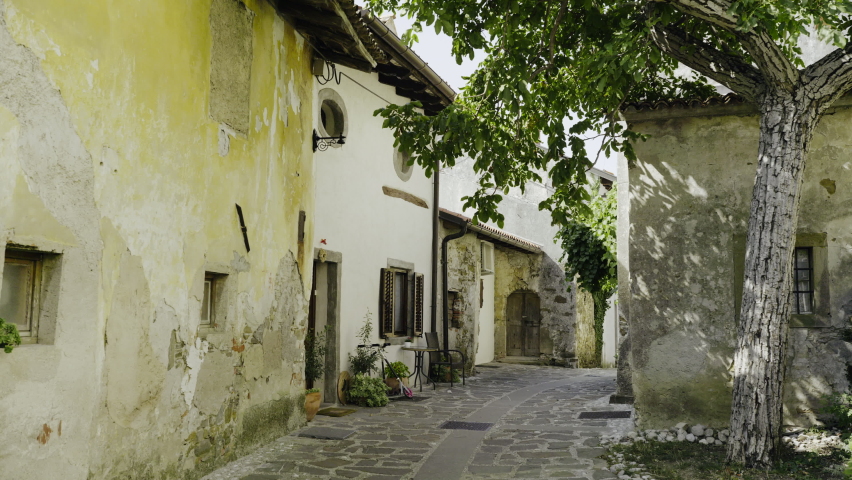 POV point of view shot of walking trough old beautiful town Tuscany like in Goriska Brda Slovenia