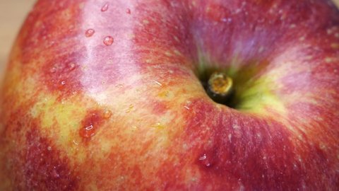 Droplets of water on the peel of an apple, close-up. Apple fruit of the Gala variety.
