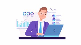 business man character work at laptop animation. Financial graphs and charts, business. Accounting, analysis, audit, research. infographics. Finance statistics. office worker, manager, boss - Powered by Shutterstock - Get 15% off with code: PIKWIZARD15