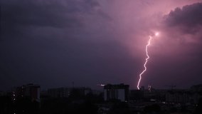 Lightning city in light. Thunderstorm town in light. Flash thunderstorm flash over the city at night sky lightning storm over urban. Low key lighting. Underexposed. Pink light - Powered by Shutterstock - Get 15% off with code: PIKWIZARD15