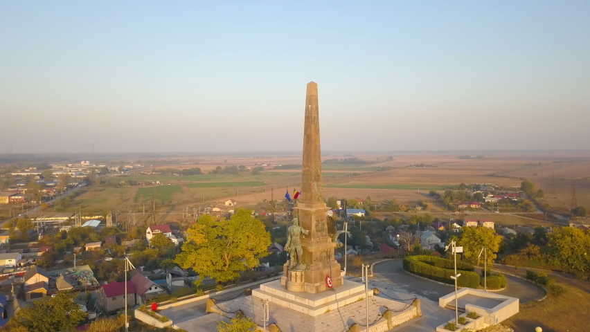 Aerial view of the Independence Monument in Tulcea city, northern Dobruja, Romania
