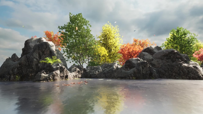 sea landscape with rocky island and trees with birds flying around island.