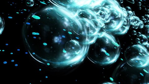 Abstract water bubbles with raindrops fly in space at high speed. Close-up. Abstract blue water background. 3D. 4K. Isolated black background.