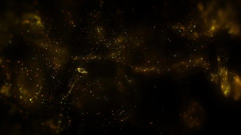 Gold dust particles fly in slow motion in the air lingering slowly. Dust Particles Background Bokeh Lights Background on Black Background 4k Footage Snow Particles Background.