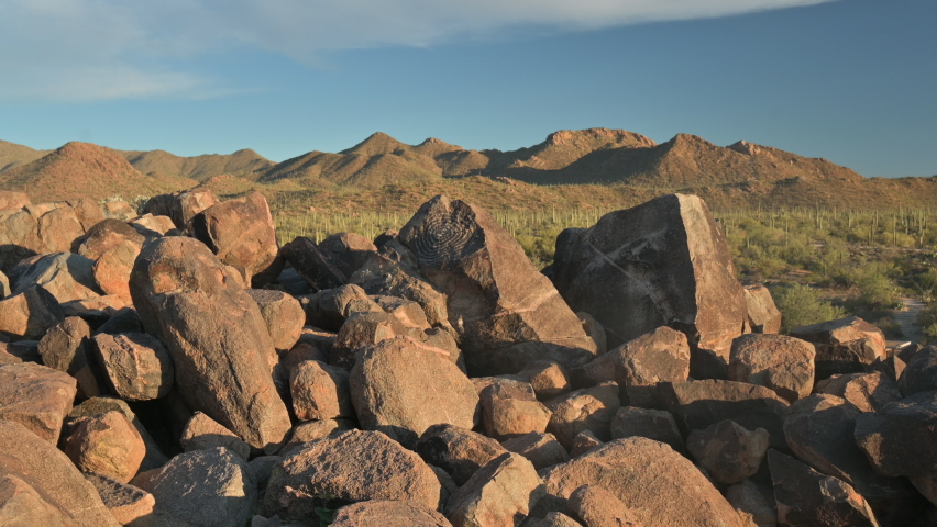 Ancient petroglyphs on Signal Hill at Saguaro National Park in Tucson Arizona, zoom in shot.
