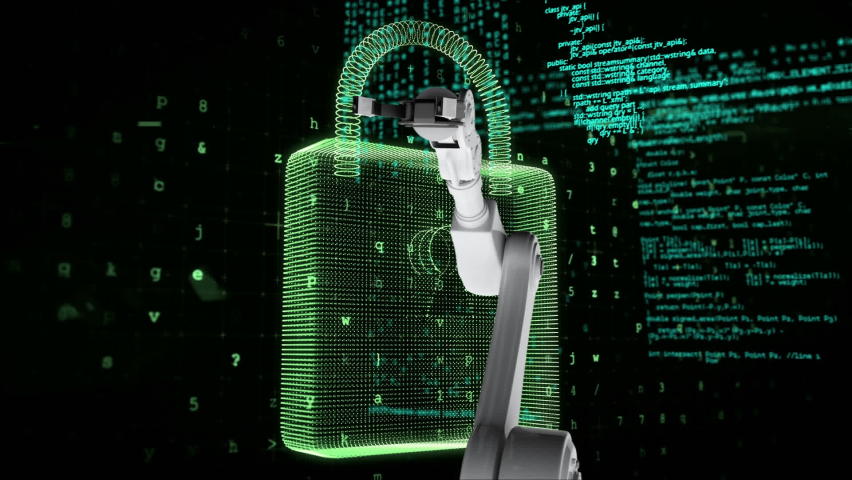 Animation of bionic arm with question mark, digital padlock, arrow and data processing. global internet security, data processing, connections and digital interface concept digitally generated video. - Powered by Shutterstock - Get 15% off with code: PIKWIZARD15