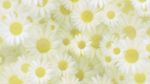 Beautiful Springtime nature motion background animation in the style of an oil painting with gently moving white and yellow daisy flowers in full bloom.