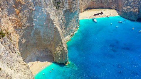 Navagio beach, Zakynthos Island, Greece. Aerial landscape. Rocks and sea from the drone. Summer landscape from the air.