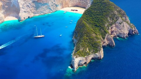 Navagio beach, Zakynthos Island, Greece. Aerial landscape. Rocks and sea from the drone. Summer landscape from the air.