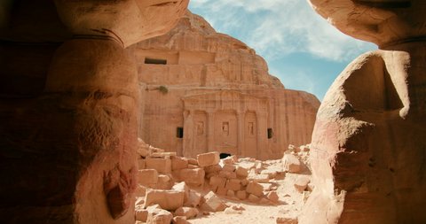 Ancient City of PETRA - Jordan's most-visited tourist attraction. Tomb of the Roman Soldier Historic and archaeological Red Rose City with rock-cut architecture. 4K zoom in gimbal shot