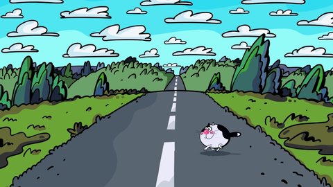 White cat crossing path as symbol of good or bad luck. Cartoon character animation style, moving landscape with clouds.