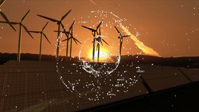 Animation of shape with spots over wind turbines. global technology and digital interface concept digitally generated video.