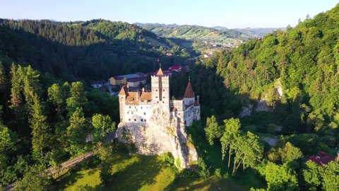 Bran Castle, Romania summer aerial footage. Place of Dracula in Transylvania, Carpathian Mountains, romanian  famous destination in Eastern Europe