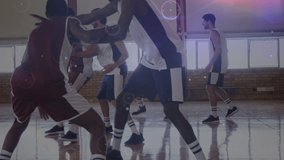 Animation of clouds and network of connections over diverse group of basketball players at gym. global sport and digital interface concept digitally generated video.