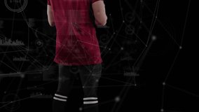 Animation of data processing and valentine's day text over caucasian male american football player. global sport and digital interface concept digitally generated video.