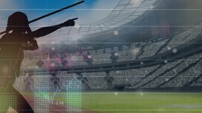 Animation of data processing and silhouettes of sports people over sports stadium. global sport and digital interface concept digitally generated video. - Powered by Shutterstock - Get 15% off with code: PIKWIZARD15