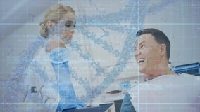 Animation of dna strand spinning and data processing over caucasian female dentist and patient. global medicine, data processing and digital interface concept digitally generated video. - Powered by Shutterstock - Get 15% off with code: PIKWIZARD15