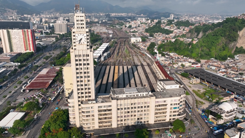 Aerial City Central Train Station At Rio De Janeiro Brazil. Cityscape Downtown Skyline. Building Of Cityscape Tower. Tourism Building Pedestrian. Building Horizon Towers. Rio De Janeiro Brazil