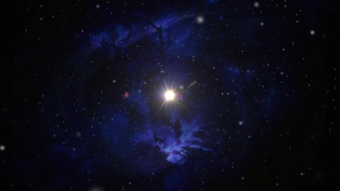 a bright,ing star against a background of blue nebula clouds.